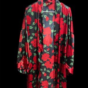 Vintage Solange Satin Silky Black Red Rose Robe Kimono Floral Oversized 22/28